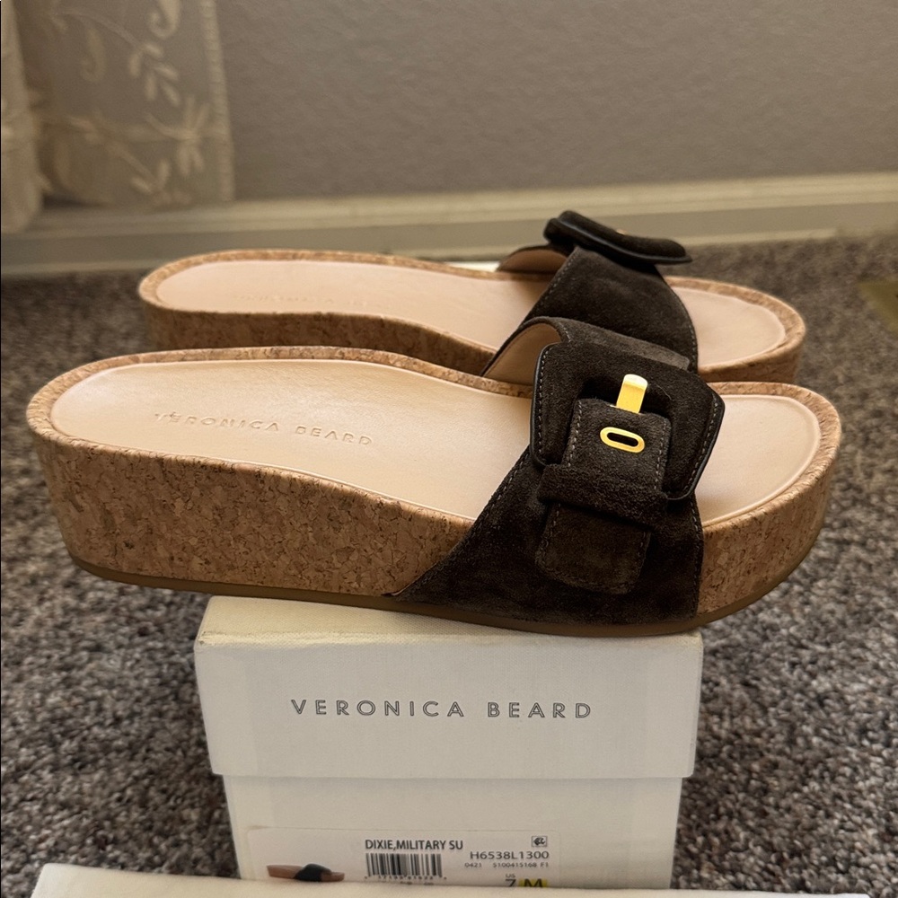 Veronica Beard Dark Green Cork Slide Sandals